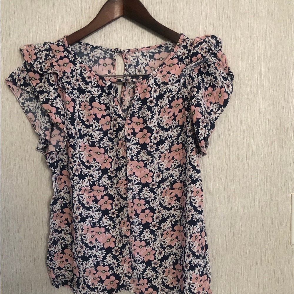 Navy Floral Cap-Sleeve Blouse with Pink Blooms